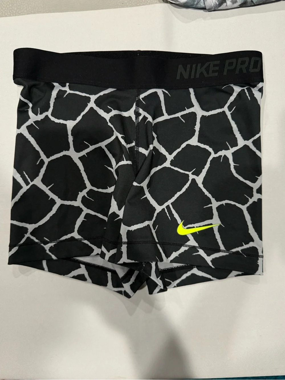 Nike Black & White Patterned Pro Biker Shorts with Neon Yellow Swoosh